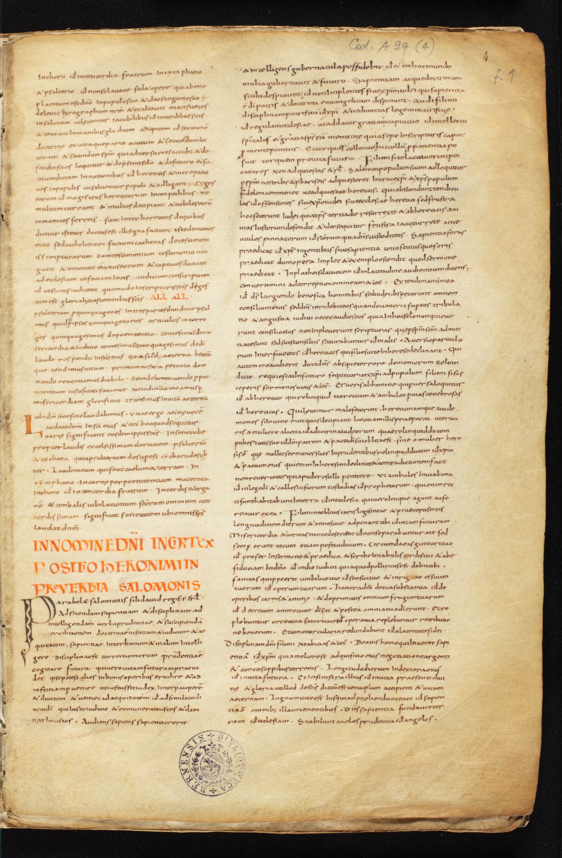 Bern, Burgerbibliothek, Cod. A 94.4, f. 1r – Commentarius in Psalmos; Commentarius in Proverbia Salomonis (fragment)